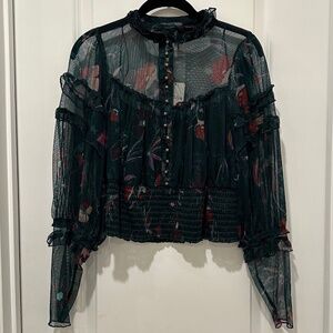 Free People Holiday Pop Combo Sheer Crop Style Green Floral Long Sleeve Blouse